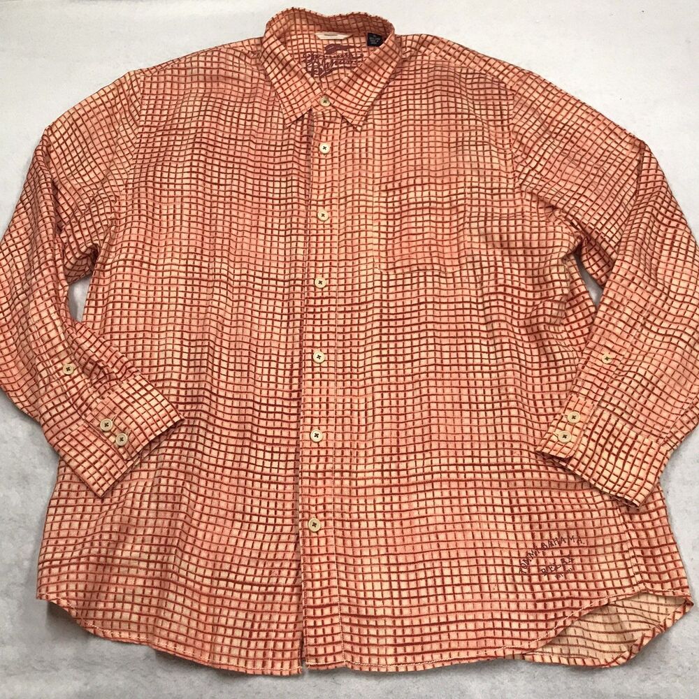 TOMMY BAHAMA Linen Shirt Men XL Orange Window Pane Check Beach Lounge Relax